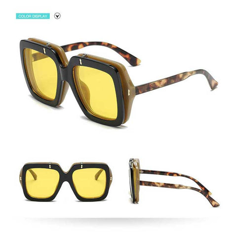Flip Up Square Sunglasses Women Oversized Clip On Flip Sun glasses Men Vintgae Big Frame Black Red Yellow Glasses Retro Eyewear
