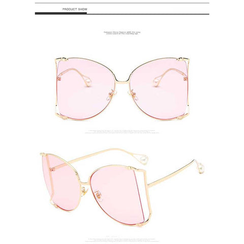 Pearl Sunglasses Decoration Women Cat Eye Glasses 2018 Brand Designer Gold Oversized Half Frame Sun Glasses Clear Pink Shades