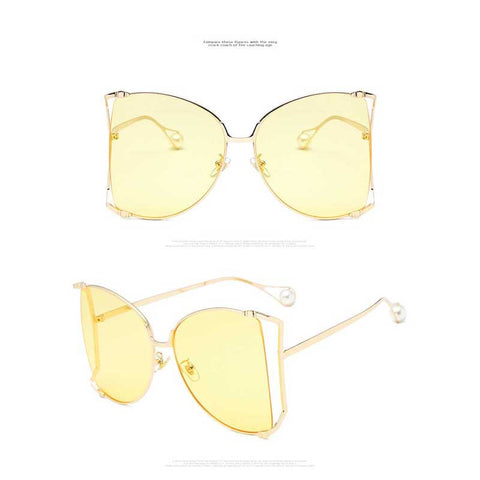Pearl Sunglasses Decoration Women Cat Eye Glasses 2018 Brand Designer Gold Oversized Half Frame Sun Glasses Clear Pink Shades