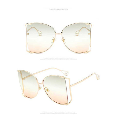 Pearl Sunglasses Decoration Women Cat Eye Glasses 2018 Brand Designer Gold Oversized Half Frame Sun Glasses Clear Pink Shades