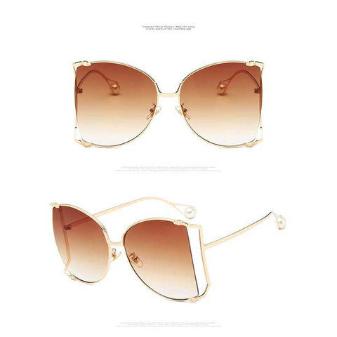Pearl Sunglasses Decoration Women Cat Eye Glasses 2018 Brand Designer Gold Oversized Half Frame Sun Glasses Clear Pink Shades