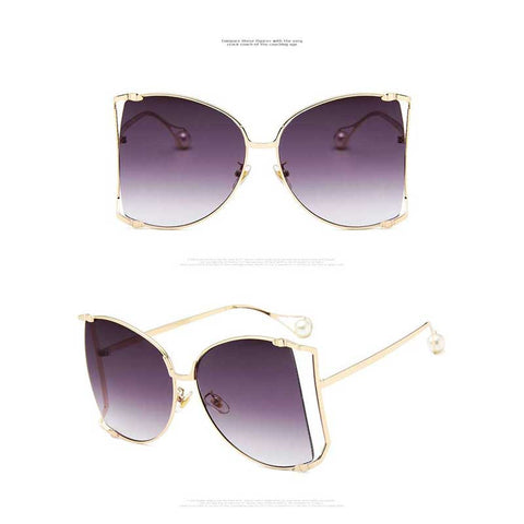 Pearl Sunglasses Decoration Women Cat Eye Glasses 2018 Brand Designer Gold Oversized Half Frame Sun Glasses Clear Pink Shades