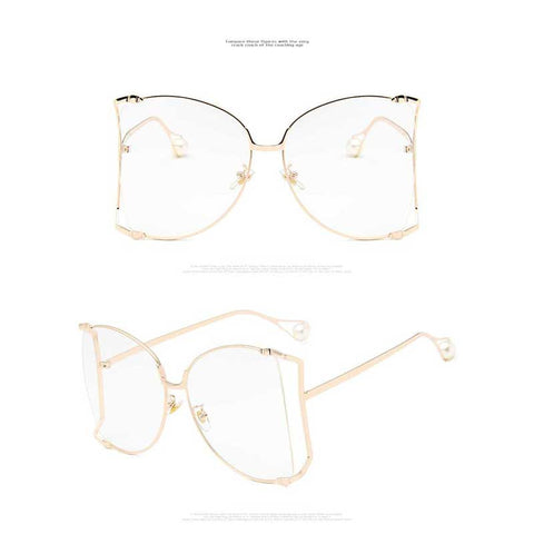 Pearl Sunglasses Decoration Women Cat Eye Glasses 2018 Brand Designer Gold Oversized Half Frame Sun Glasses Clear Pink Shades
