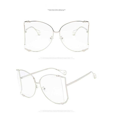 Pearl Sunglasses Decoration Women Cat Eye Glasses 2018 Brand Designer Gold Oversized Half Frame Sun Glasses Clear Pink Shades