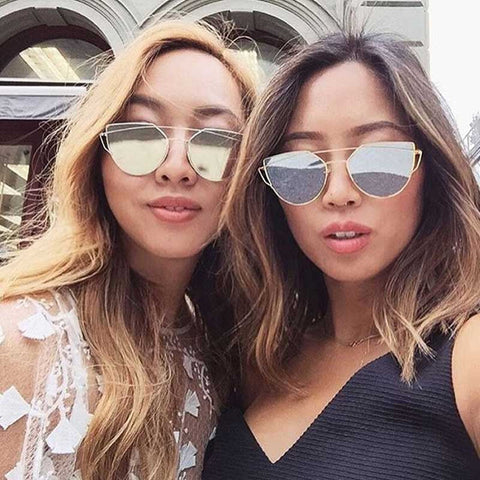 Cat Eye Vintage Brand Designer Rose Gold Mirror Sunglasses for Women Reflective Flat Lens Cateye Glasses Ladies Metal Eyewear