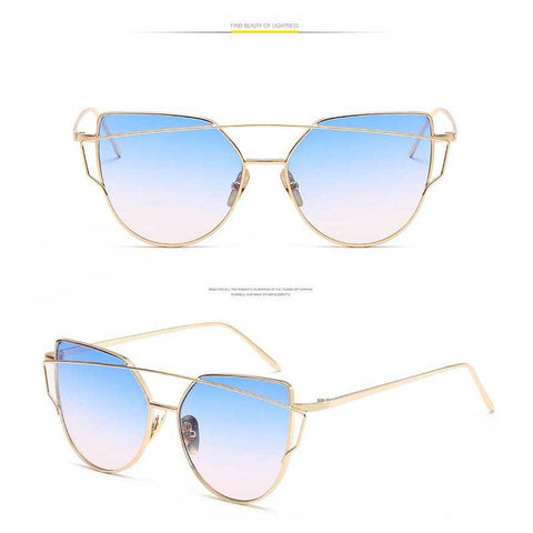 Cat Eye Vintage Brand Designer Rose Gold Mirror Sunglasses for Women Reflective Flat Lens Cateye Glasses Ladies Metal Eyewear